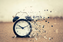 Pixelated Effect Of Clock Face Over Beach Background And Sandy Beach For Time Management Concept