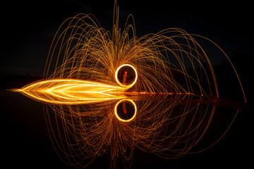 Wall Mural - glowing sparks from spinning steel wool by human.