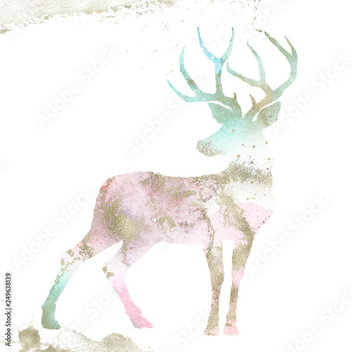 Foto-Schiebegardine Komplettsystem - Watercolor Textured Animal - reindeer composition with gold brush stroke. Unique collection for wedding invites decoration, logo and many other concept ideas. (von Veris Studio)