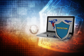 Poster - laptop with shield. Isolated 3d rendering image