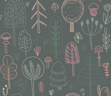 Vector seamless pattern with hand drawn forest trees, plants, flowers