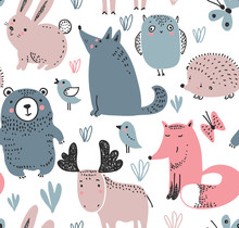 Vector Seamless Pattern With Hand Drawn Wild Forest Animals,