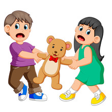 Girl And Boy Fighting Over A Doll