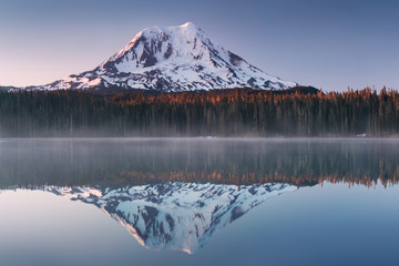 Wall Mural - volcano mount adams at sunrise with smooth lake reflection washington state great northwest united s