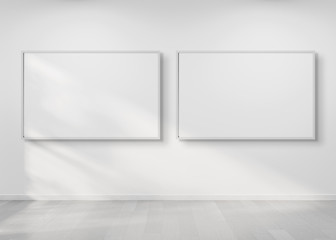 Two horizontal frames hanging on a wall mockup 3d rendering