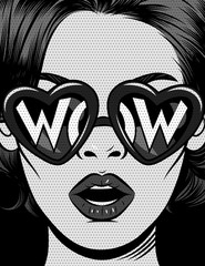 Black and white vector illustration in comic pop art style. The girl in glasses in the shape of a heart with an inscription wow. The girl opened her mouth in surprise. Vintage poster with female face