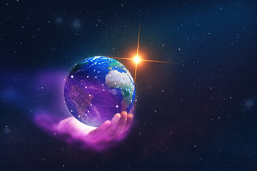 Poster - Protect our world in human hands and nebula dust. Mixed media.