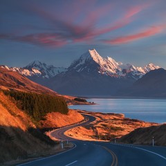 Wall Mural - scenic winding road along lake pukaki to mount cook national park, south island, new zealand during 