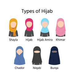 Wall Mural - Types of Hijab. Vector. Muslim veils hijab, niqab, burqa, chador, shayla and khimar. Islamic women clothes. Arab traditional clothing. Islam headscarf. Cartoon flat illustration. Female avatar icons.