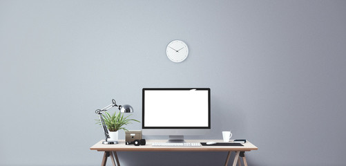 Wall Mural - computer display and office tools on desk. desktop computer screen isolated. modern creative workspa