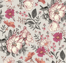 Seamless Pattern. Realistic Blooming Isolated Flowers Vintage Fabric Background. Beautiful Rosehip Chamomile Croton Wildflowers. Wallpaper Baroque. Drawing Engraving. Vector Victorian Illustration
