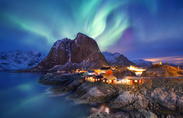 Wall Mural - aurora borealis on the lofoten islands, norway. green northern lights above ocean. night sky with po