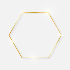 Wall Mural - Gold shiny glowing vintage hexagon frame with shadows isolated on white background. Golden luxury realistic border. Wedding, mothers or Valentines day concept. Xmas and New Year abstract. Vector