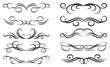© andrej - Calligraphic black and elegant swirl dividers collection. Set of curls and scrolls for wall and page decoration, greeting cards and tattoos. Vector calligraphic design border elements illustration.