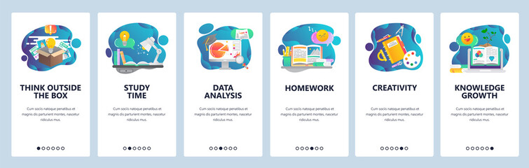 Aufkleber - Web site onboarding screens. Education, knowledge, studying and creativity. Menu vector banner template for website and mobile app development. Modern design flat illustration.
