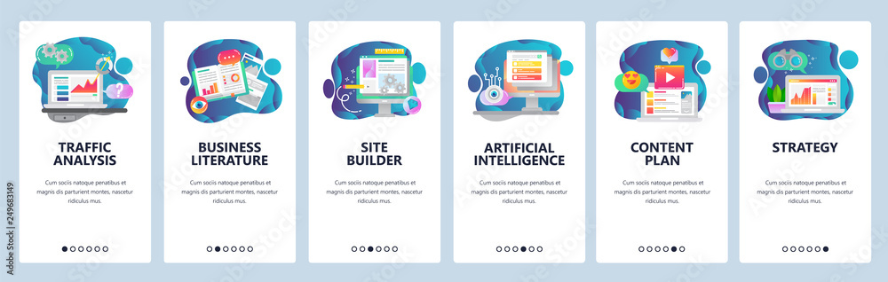 Web site onboarding screens. Traffic analysis, AI, business development and website coding. Menu vector banner template for website and mobile app development. Modern design flat illustration. - obrazy, fototapety, plakaty 