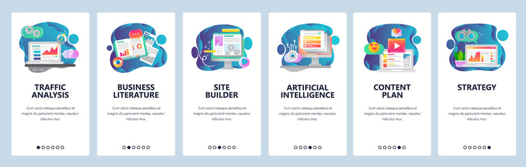 Web site onboarding screens. Traffic analysis, AI, business development and website coding. Menu vector banner template for website and mobile app development. Modern design flat illustration.