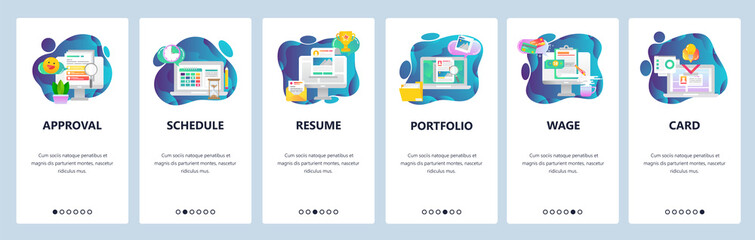 Poster - Web site onboarding screens. Business tasks management, CV and portfolio, access card. Menu vector banner template for website and mobile app development. Modern design flat illustration.