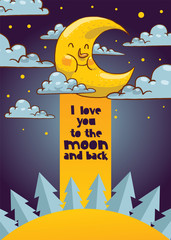 Wall Mural - Cartoon moon vector moonlight star character in night sky illustration background childish yellow moony cloud set backdrop moonlit bedtime banner