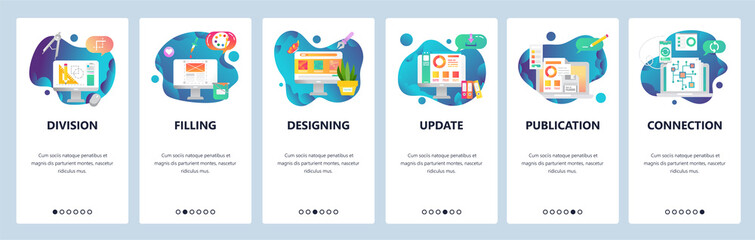 Web site onboarding screens. Art, design and drawing tools. Chart, computer chip. Menu vector banner template for website and mobile app development. Modern design flat illustration.