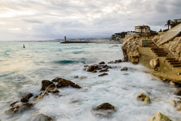 Beautiful seascape. Storm at sea. Harbor in Nice, French Riviera, France