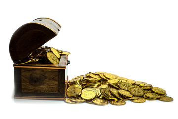 Wall Mural - Stacking Gold Coin in treasure chest  on white background