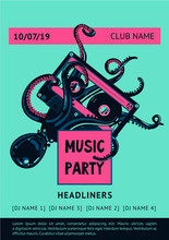 Poster Template With Octopus And Vinyl Record. Night Party Vector Background. Summer Dance Music Festival.