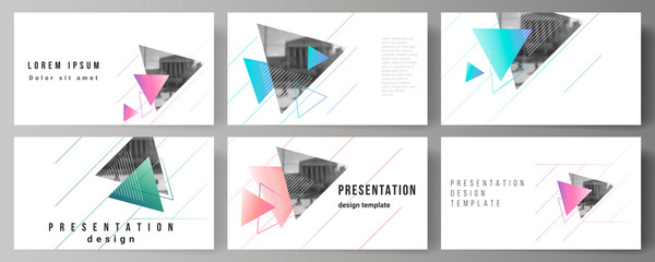 Wall Mural - The minimalistic abstract vector illustration of the editable layout of the presentation slides design business templates. Colorful polygonal background with triangles with modern memphis pattern.