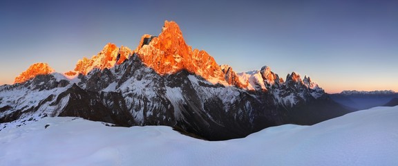 Wall Mural - Beautiful view of Pale di San Martino in the italian Dolomites with blue sky. The famous Cimon della Pala as seen from Passo Rolle. Val di Fiemme Italy Trentino Alto Adige Amazing landscape background