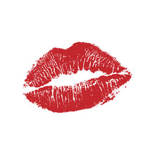 Vector Illustration Of Womans Girl Red Lipstick Kiss Mark Isolated On White Background. Valentines Day Icon, Sign, Symbol, Clip Art For Design.