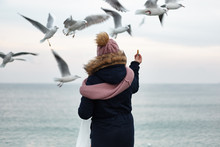 One Girl In Winter Clothes Are Standing On The Dock And Feeding The Gulls From Their Hands. Winter Sea And Birds.
