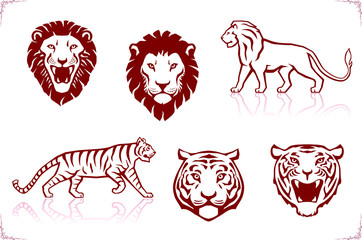 Tiger's and lion's heads and silhouettes