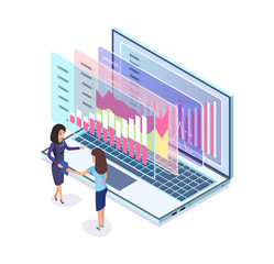 Poster - Laptop with digital marketing graphics, businesswomen vector. Charts and flowcharts, online statistical and analytical data in computer, Internet research