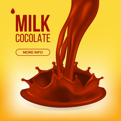 Sticker - Chocolate Splash Vector. Cream, Liquid. Milk Swirl. Brown Background. Beverage Dessert Food. 3D Realistic Illustration