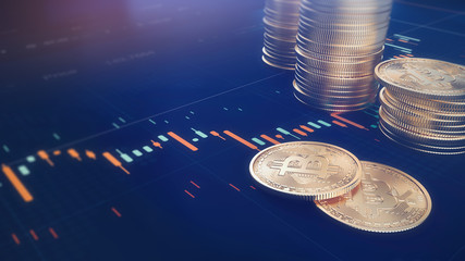 Poster - bitcoin coins and trading chart scene (3d illustration)