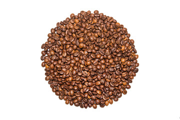 Circle of roasted coffee beans on white background