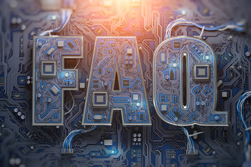 Poster - FAQ Frequently asked questions concept. FAQ in form of circuit board on computer motherboard.