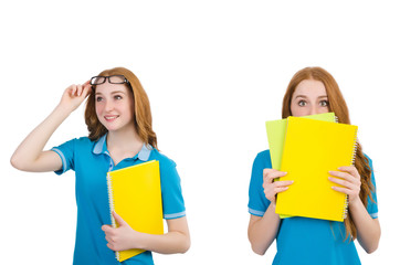 Female student with notes isolated on white 