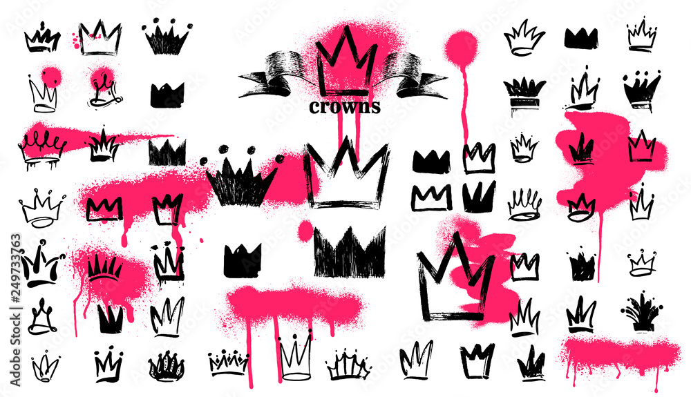 Mega Set of Crown logo graffiti icon. Black elements Freehand drawing. Vector illustration. Isolated on white background. - obrazy, fototapety, plakaty 