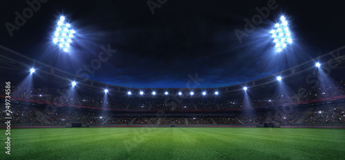 Fotografía universal grass field stadium illuminated by spotlights and empty green grass pl