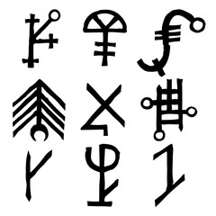 Sticker - Set of Old Norse Scandinavian runes imaginary version. Runic alphabet symbols, futhark. Inspired by ancient occult symbols, vikings letters and runes. Vector.