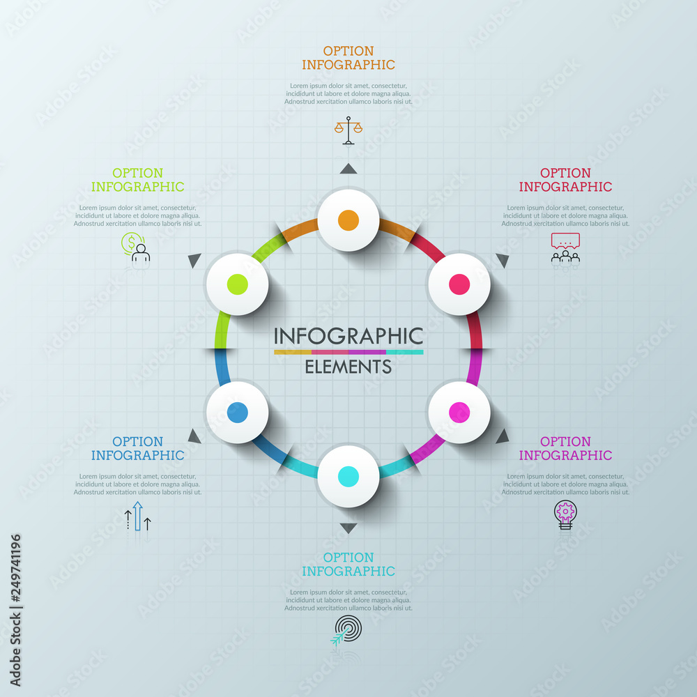 Round chart with 6 elements, arrows pointing at thin line symbols and ...