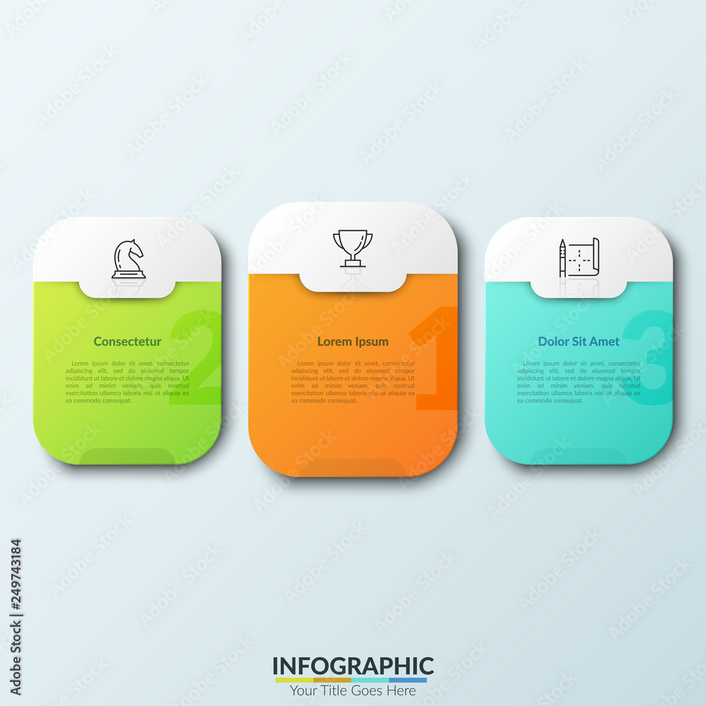Three separate colorful rounded rectangles with numbers, thin line ...