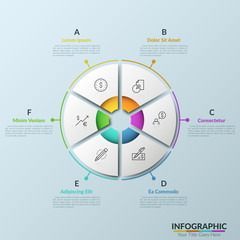 Paper white pie chart consisted of 6 parts with thin line pictograms inside. Concept of statistical data representation. Super clean infographic design layout. Vector illustration for brochure.