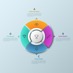 Pie chart divided into 4 separate sectors and circular element in center, thin line pictograms and arrows pointing at text boxes. Round control panel. Infographic design template. Vector illustration.