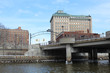 Flint Vehicle City arch and the Flint River at Saginaw Avenue