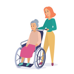 Woman social worker on a walk with disabled grandmother in a wheelchair flat vector illustration.