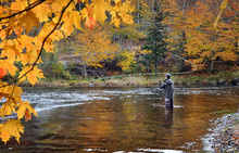 Fly Fisherman Casting A Spey Rod In Autumn