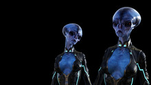 Illustration Of Two Blue Aliens Wearing Form Fitting Suits On A Black Background.