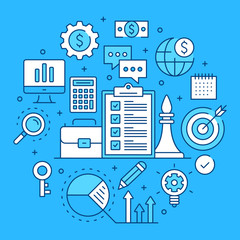 Poster - Business strategy, business plan concepts line art. Modern graphics elements, outline symbols, thin line icons set for websites, web banners, mobile apps, infographics. Vector illustration